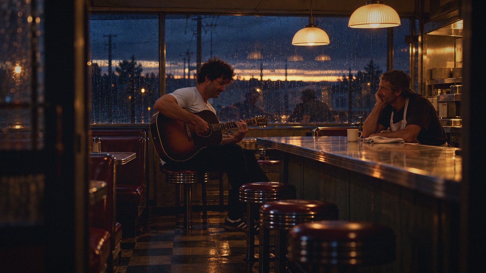 HINZE playing acoustic guitar for one listener in a rainy late-night diner
